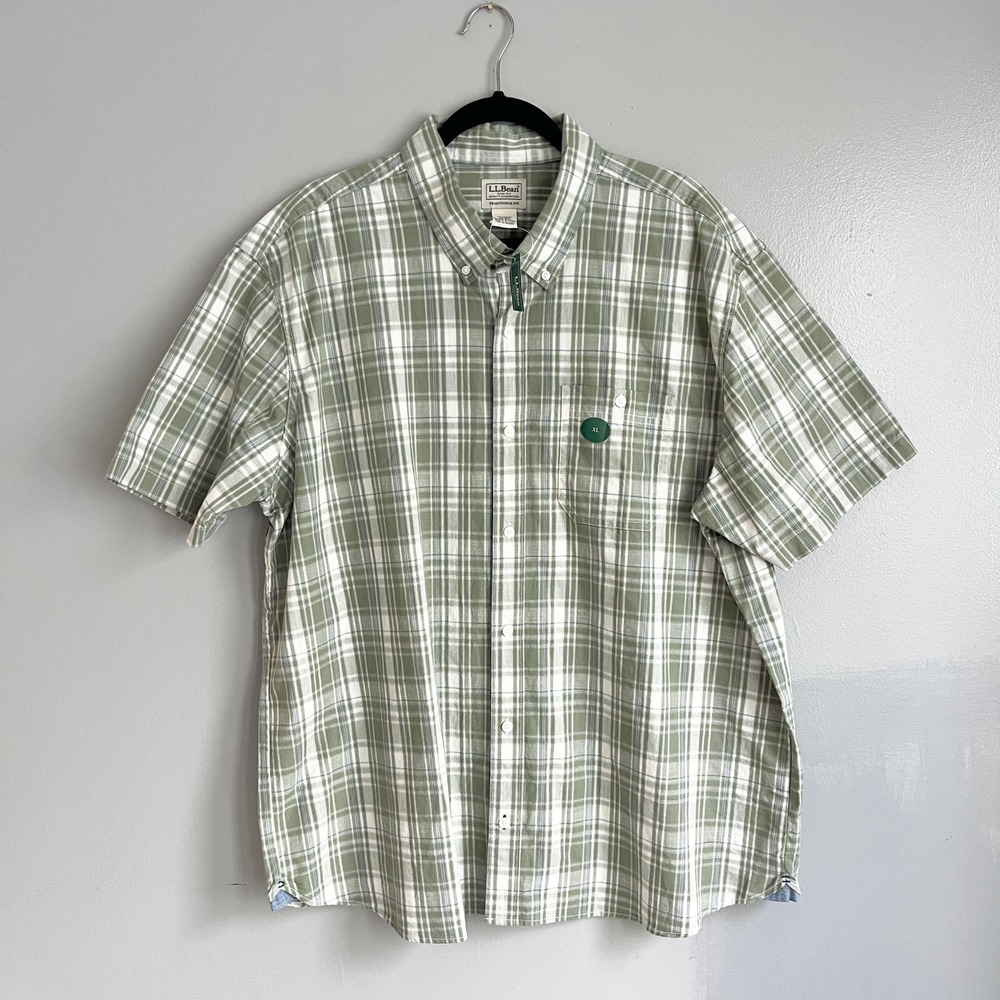 LL Bean Comfort Stretch Chambray Button Down Shirt XL Sea Grass Green Plaid NWT